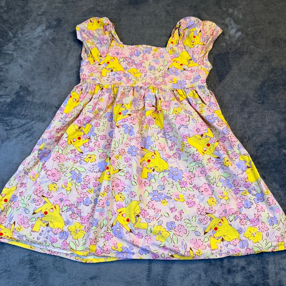 Pokemon Pikachu Floral Dress Kids Extra Large 14 Pink Cotton Smocked Back